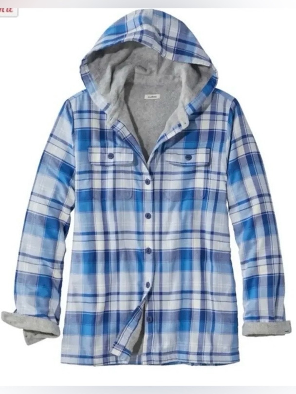 L.L. Bean Women's Fleece-Lined Flannel Hoodie Shacket Blue Plaid Size Medium